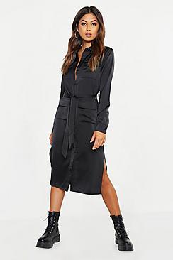 Boohoo Luxe Satin Spilt Side Utility Shirt Dress