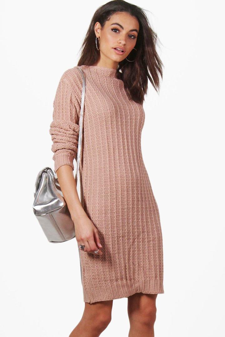Boohoo Faye Funnel Neck Knitted Dress Blush