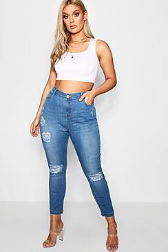 Boohoo Plus Olivia Mid Rise Ripped Skinny Jean