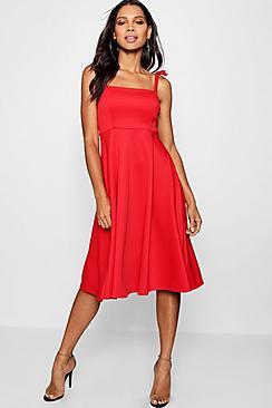 Boohoo Boutique Tie Shoulder Midi Skater Dress