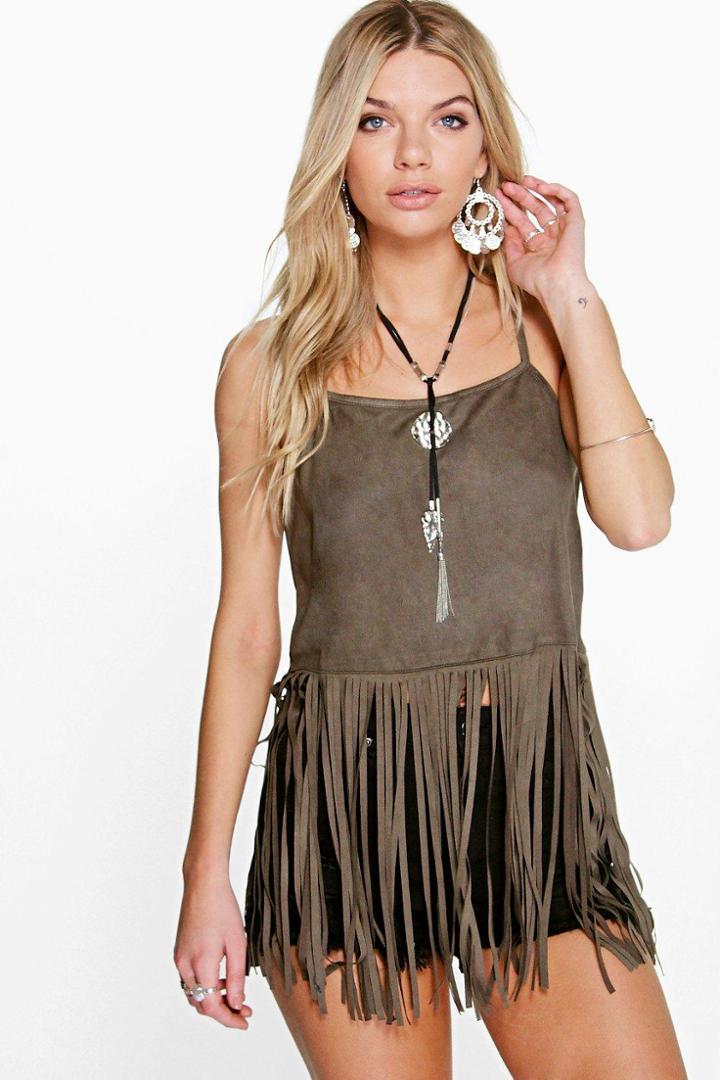 Boohoo Scarlet Tassel Suedette Cami Khaki