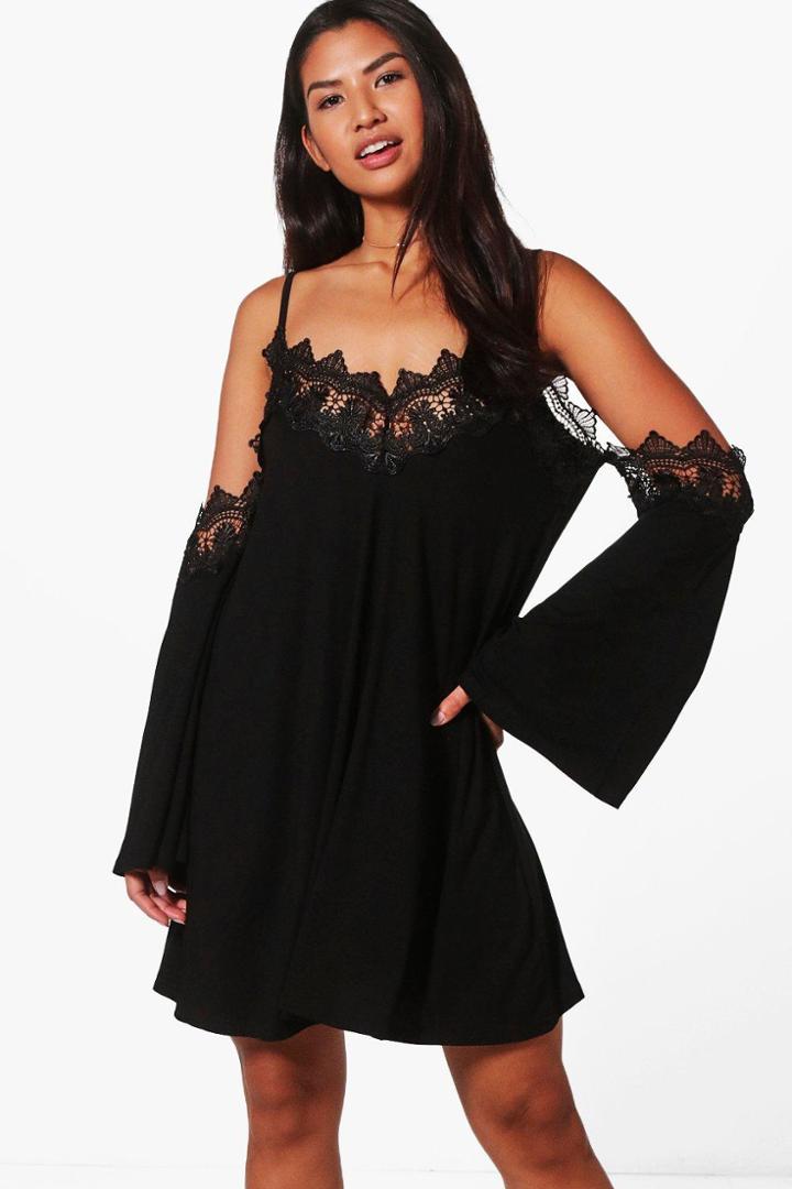 Boohoo Katy Lace Trim Cold Shoulder Swing Dress Black