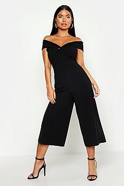 Boohoo Petite Twist Front Bardot Culotte Jumpsuit