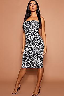 Boohoo Leopard Bandeau Fitted Midi Dress