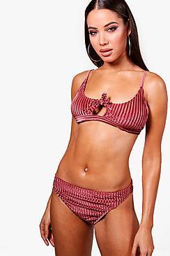 Boohoo Valencia Velvet Pinstripe Berry Knot Bikini