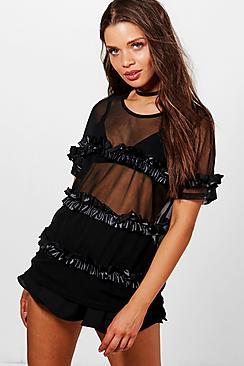 Boohoo Bella Mesh Ruffle Tee