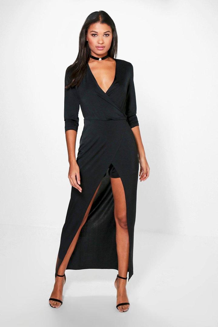 Boohoo Helen Deep Plunge Wrap Over Maxi Playsuit Black