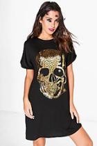 Boohoo Riah Halloween Metallic Skull T-shirt Dress