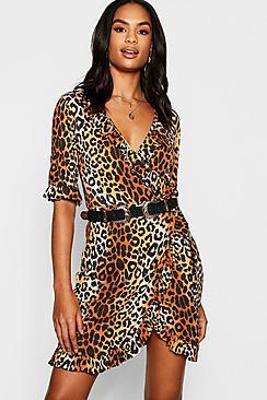 Boohoo Tall Leopard Print Ruffle Wrap Dress