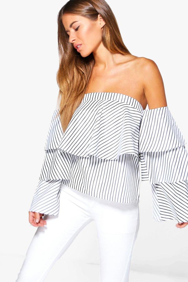 Boohoo Petite Henny Stripe Ruffle Bardot Top Black