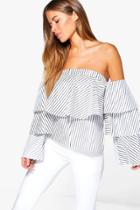 Boohoo Petite Henny Stripe Ruffle Bardot Top Black