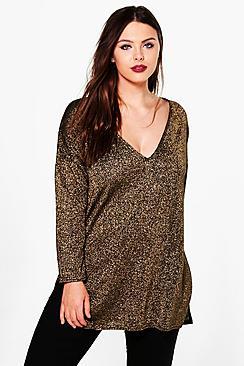 Boohoo Plus Janey V Neck Glitter Side Split Jumper