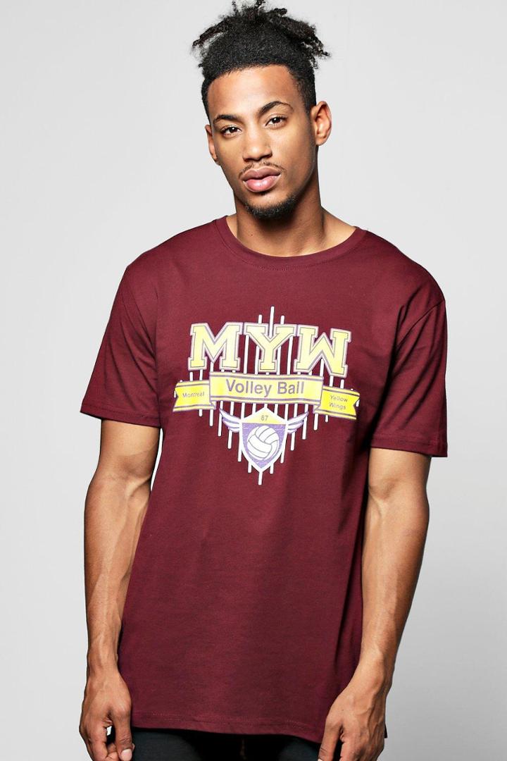 Boohoo Longline College Print T Shirt Burgundy