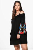 Boohoo Plus Melinda Cold Shoulder Embroidered Shift Dress Black