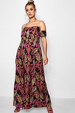 Boohoo Plus Faye Palm Off Shoulder Maxi Dress