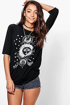 Boohoo Tall Clarisa Zodiac Print 3/4 Sleeve Oversized Tee