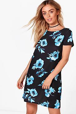 Boohoo Lacey Cap Sleeve Printed Shift Dress