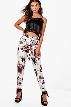 Boohoo Petite Keira Floral Tie Waist Cigarette Trouser