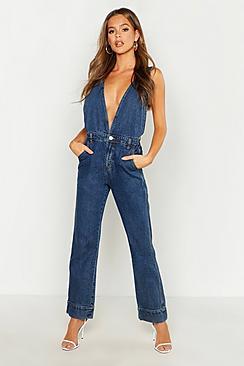 Boohoo Plunge Front Denim Jumpsuit