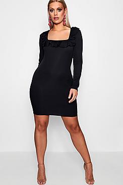 Boohoo Plus Kara Square Neck Ruffle Bodycon Dress
