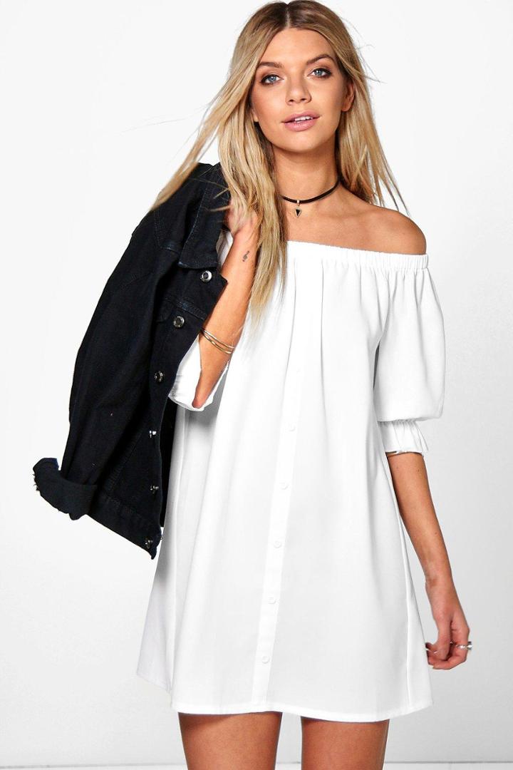 Boohoo Juliette Off Shoulder Button Shift Dress White