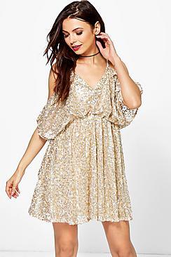 Boohoo Kitty Sequin Open Shoulder Skater Dress