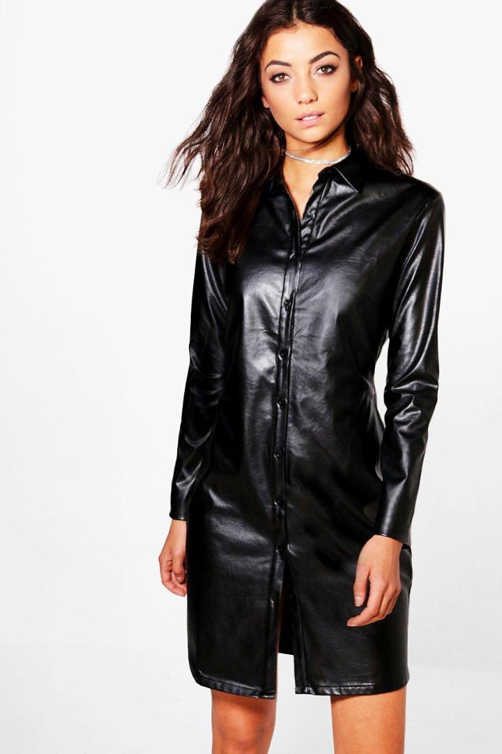 Boohoo Tall Miah Pu Button Through Stretch Dress Black