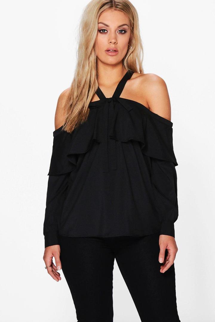 Boohoo Plus Sara Ruffle Off The Shoulder Woven Blouse Black