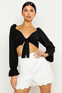 Boohoo Ruffle Long Sleeve Tie Crop Top