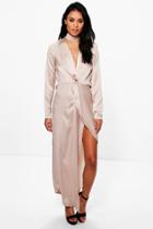 Boohoo Boutique Camy Satin Choker Wrap Maxi Dress Champagne