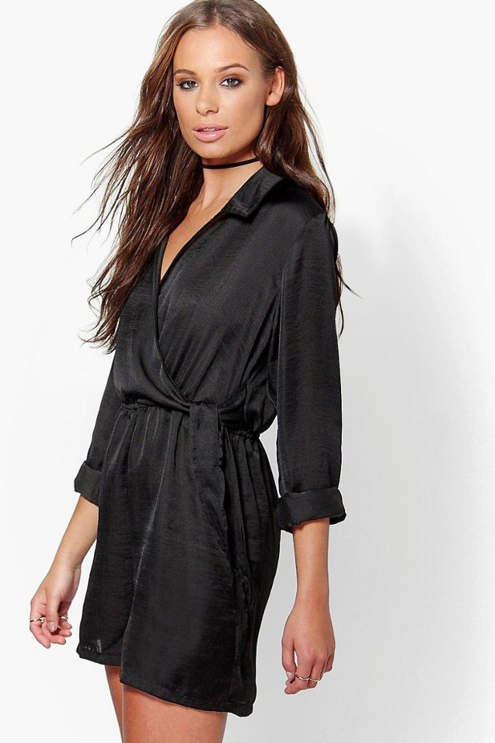 Boohoo Eve Wrap Over Satin Playsuit Black