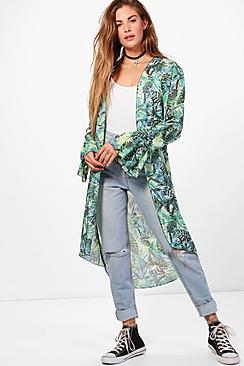 Boohoo Abigail Frill Sleeve Palm Print Kimono