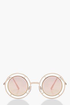 Boohoo Hope Cut Out Round Frame Pink Lens Sunglasses