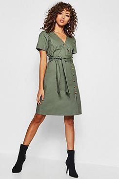 Boohoo Mock Horn Button Twill Midi Dress