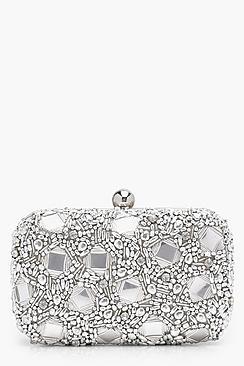 Boohoo Alice Premium Gem Mirrored Box Clutch Bag