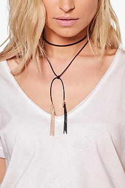 Boohoo Laila Metal And Cord Tassel Pu Tie Choker