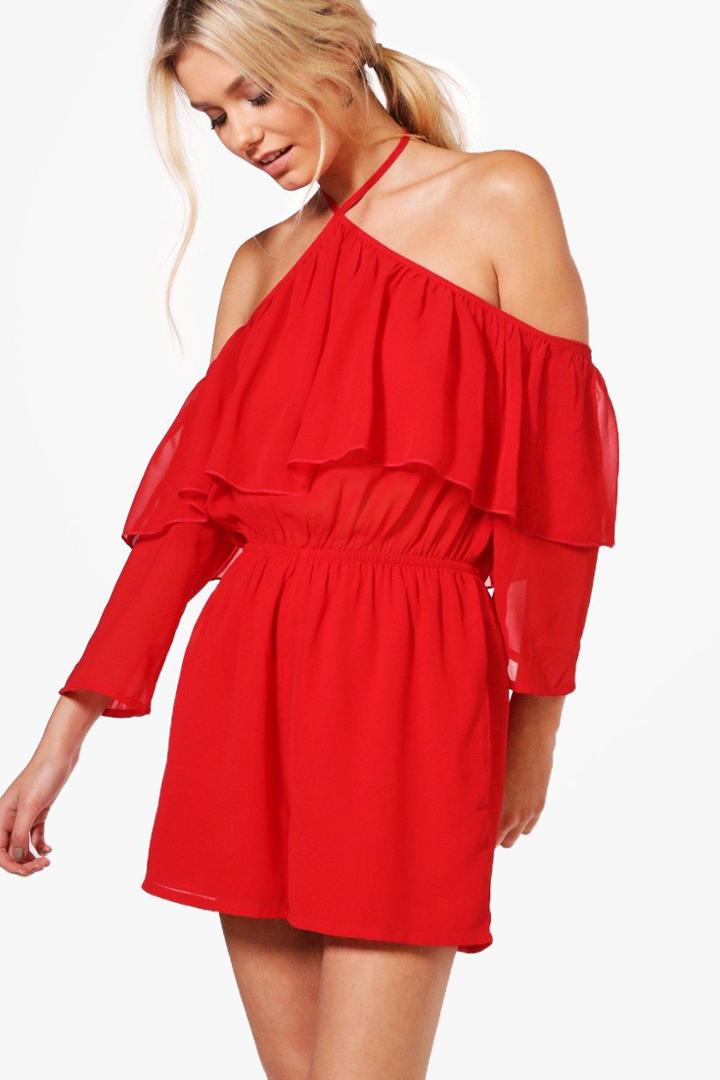 Boohoo Laura Ruffle Playsuit Red