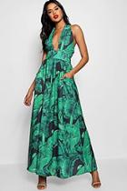 Boohoo Maggie Palm Print Plunge Halterneck Maxi Dress