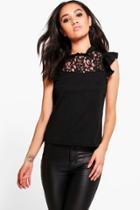 Boohoo Petite Kayleigh Frill Lace Detail Top Black