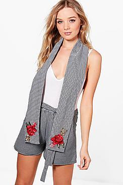 Boohoo Isla Gingham Floral Embroidered Scarf