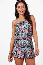 Boohoo Kaitlyn Leaf Print Tie Up Beach Playsuit