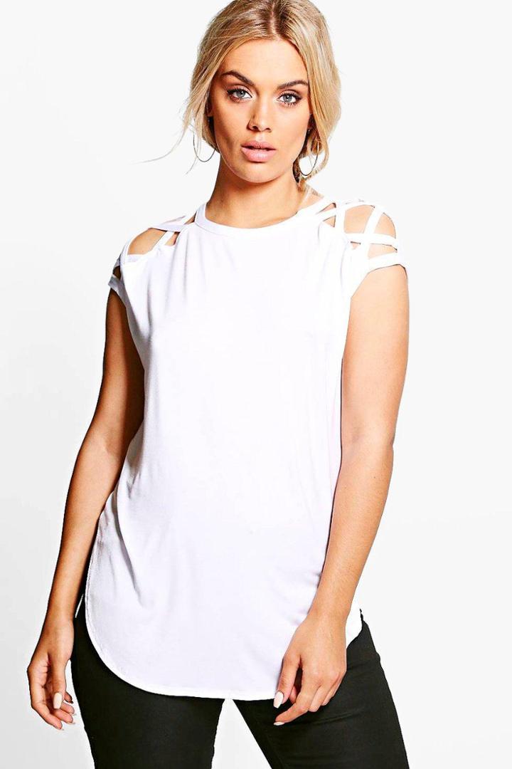 Boohoo Plus Anya Lace Up Detail Shoulder Tee White
