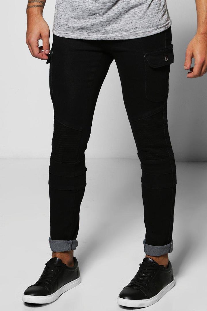 Boohoo Skinny Fit Biker Jeans With Cargo Detailing Black