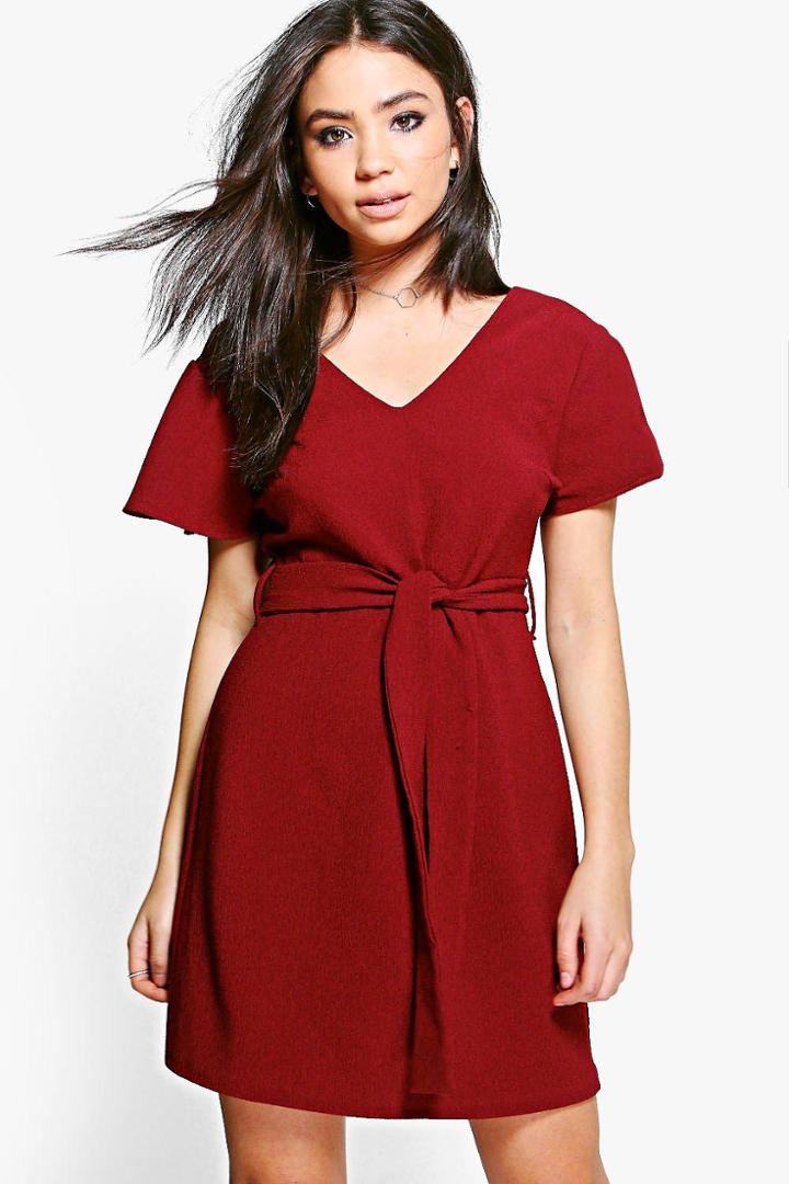 Boohoo Sarah Fluted Sleeve Belted Skater Dress Berry