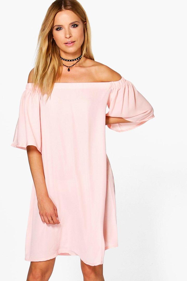 Boohoo Dariela Satin Off The Shoulder Shift Dress Blush