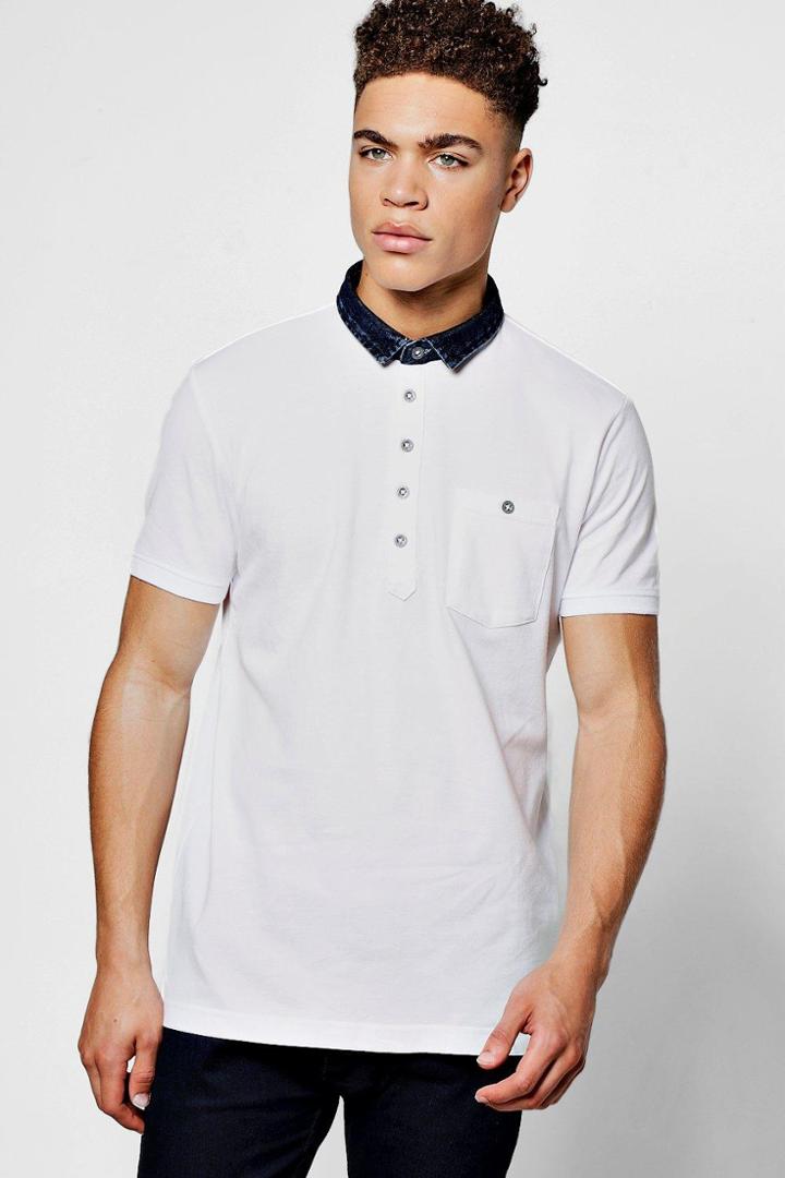 Boohoo Denim Collar Jersey Polo White