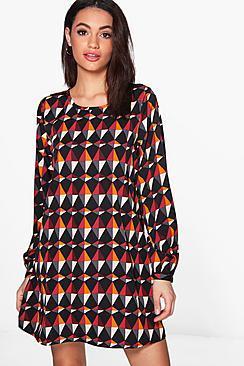 Boohoo Mona Long Sleeve Printed Swing Dress