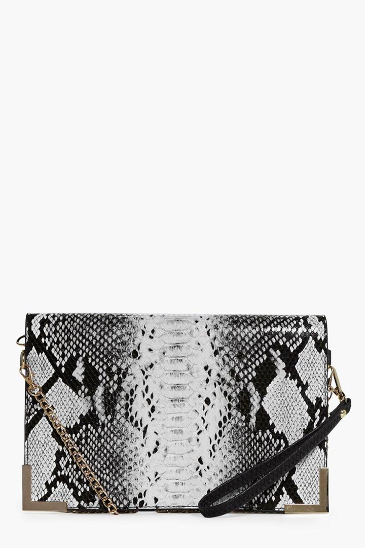 Boohoo Rose Faux Snake Metal Chain Cross Body Bag Black