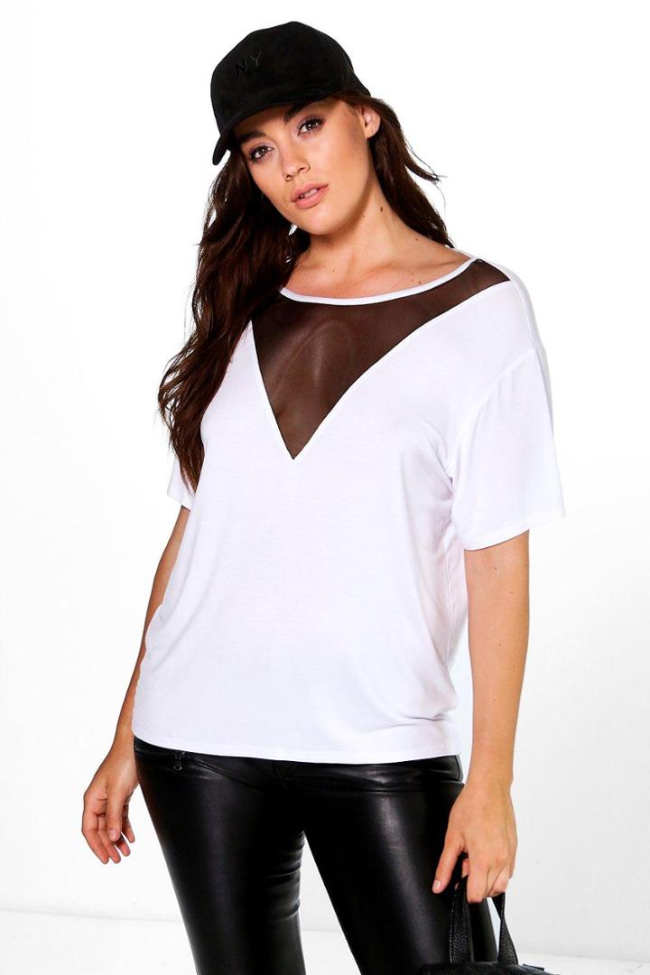 Boohoo Plus Connie Mesh Panel Strappy Back Tee White