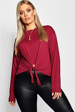Boohoo Plus Tie Front Cotton Long Sleeve T-shirt